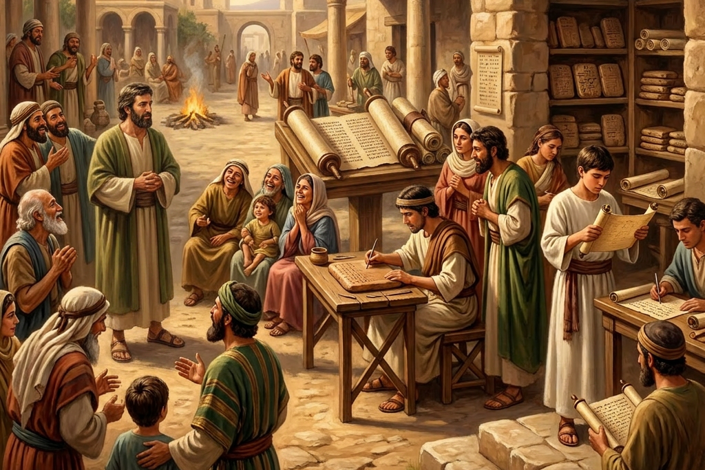 Group of people in an ancient town gathered around a teacher and scribes writing on scrolls